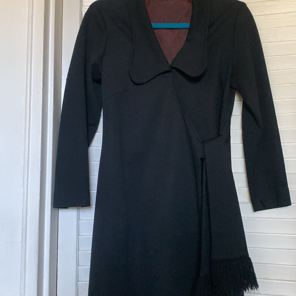 Vintage 60s Black Wrap Coat Dress / Lightweight Coat